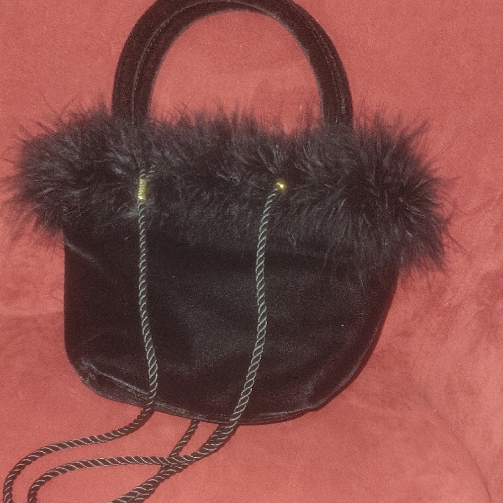 Bechamel Black Satin Mini Bag with Faux Fur Trim